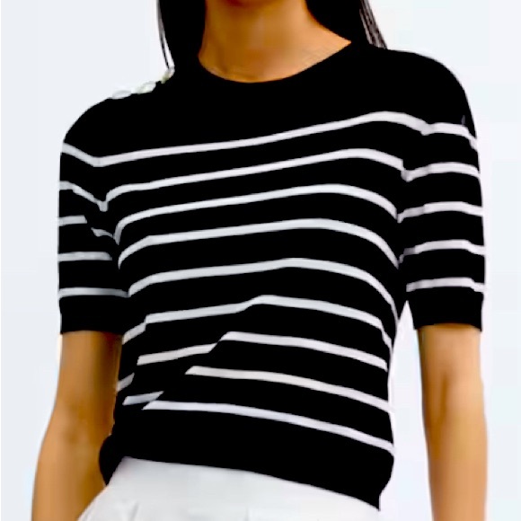 Striped nautical, short sleeve buttoned sweater top by mango . - Picture 1 of 9